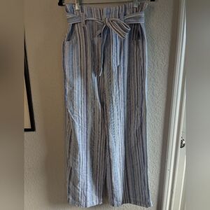GAP Linen Blend Pants Blue White Stripes Tie Waist Wide Leg Size 4 Casual